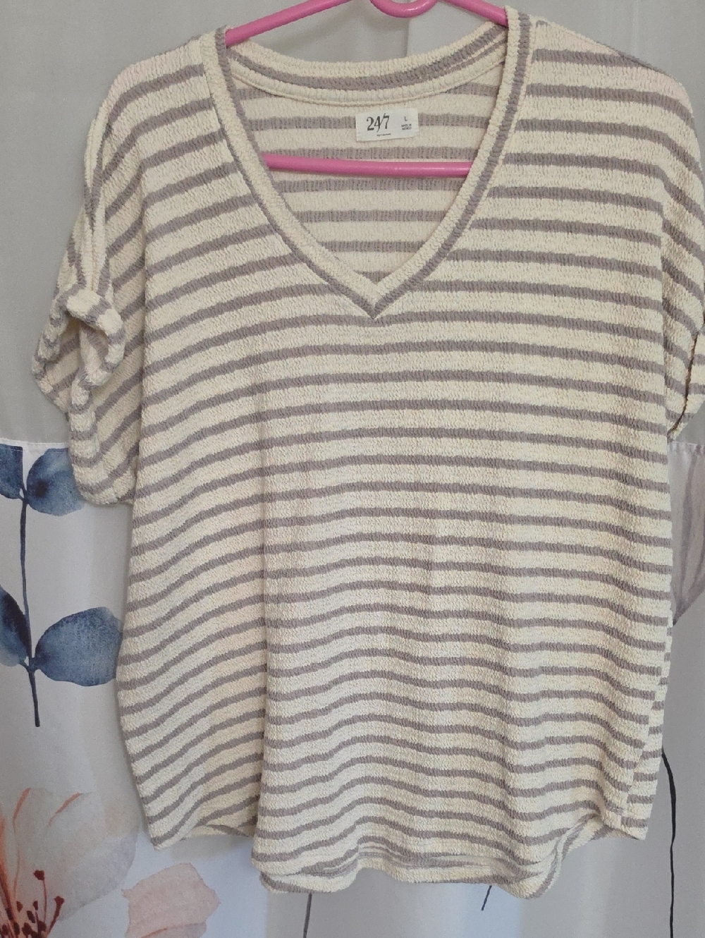 Cream and Taupe Striped V-Neck Short Sleeve Top